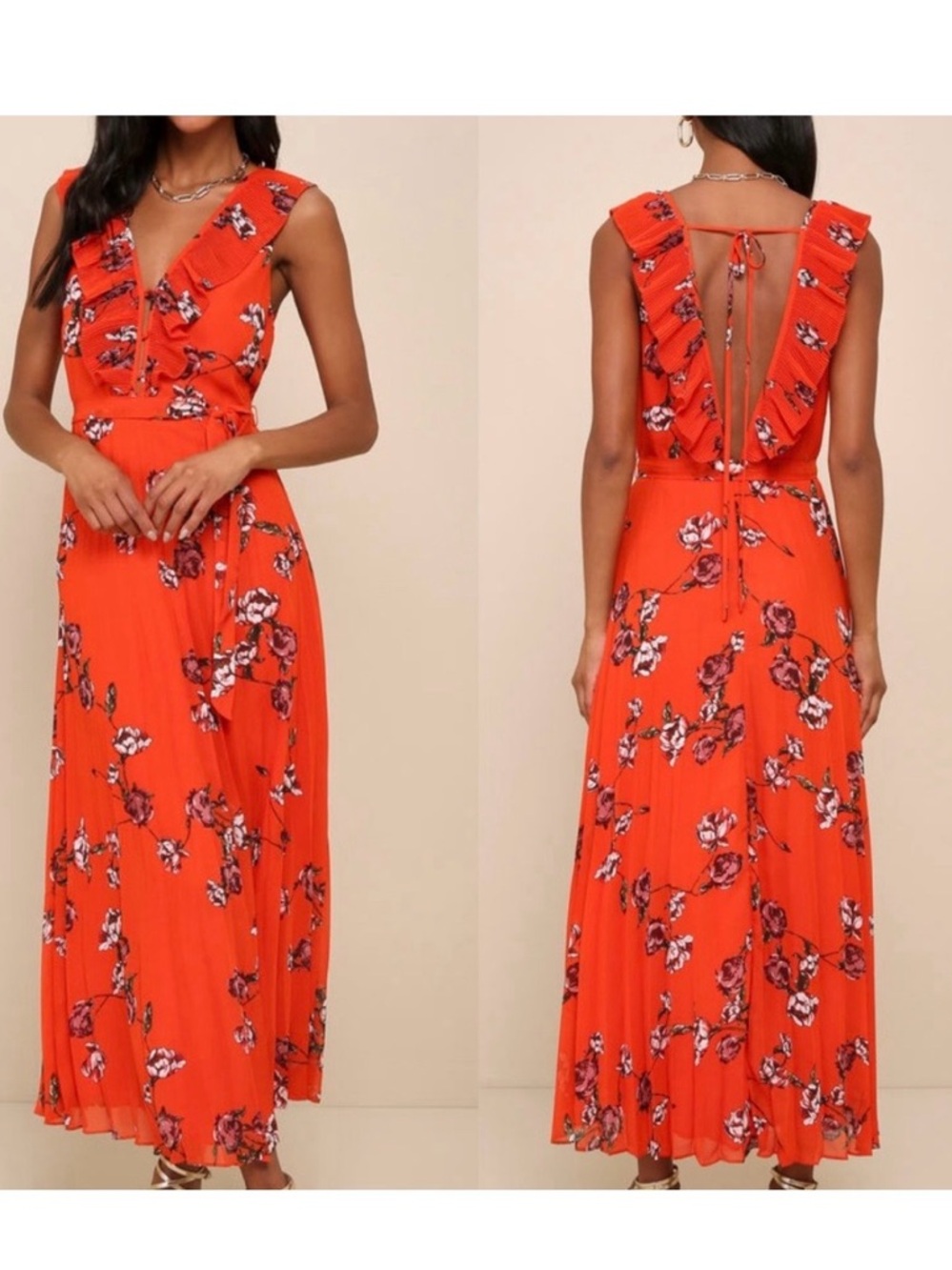 NWT Lulus Loved By You Hot Orange Floral Print Pleated Maxi Dress ~ Sz S 🧡🍄